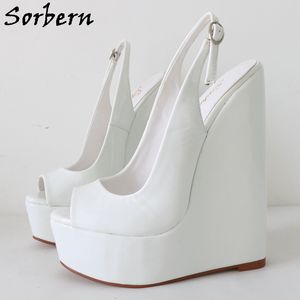 Sorbern blanc brillant femmes pompes chaussures coin talons hauts peep toe slinback chaussures unisexe pompe talon arc spécial couleurs personnalisées