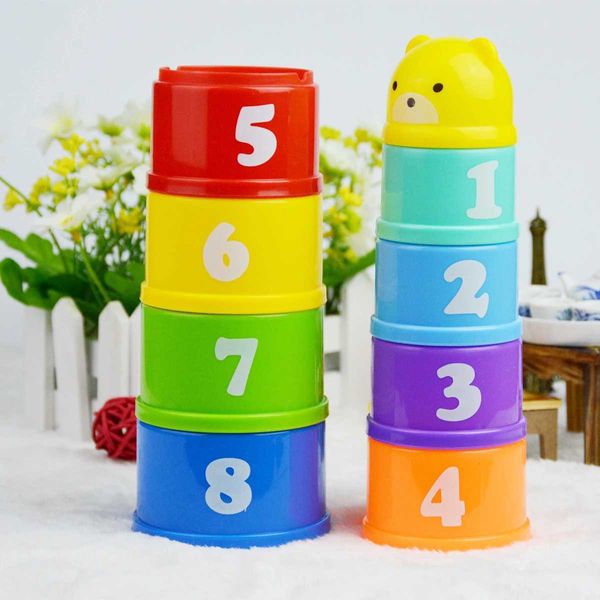 Clasificación de juguetes apilables, 9 piezas, vasos apilables, vasos de plástico para bebés con letras y números, actividades de aprendizaje coloridas, vasos anidados para niños, baño de bebé 240118