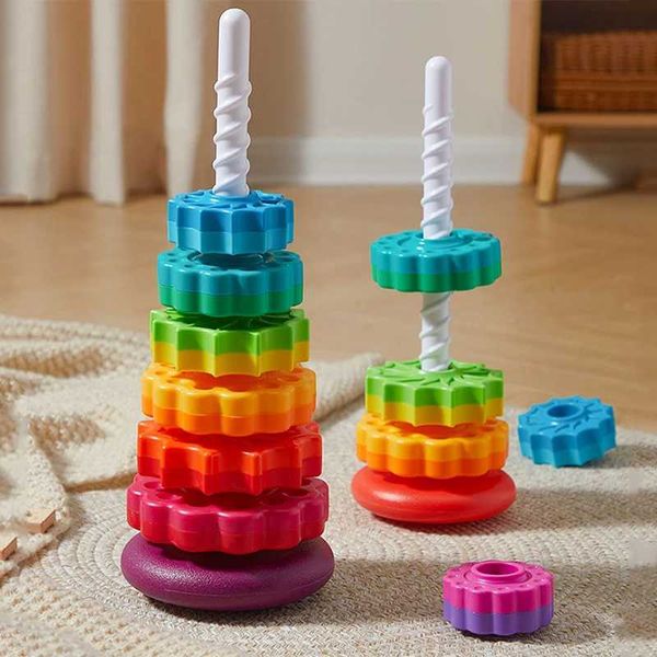 Clasificación de juguetes de anidación Juguete apilable para bebés Arco Iris Rolling Spin Bloques de construcción Torre Conjunto sensorial de motor fino Juegos de desarrollo Montessori para niños pequeños