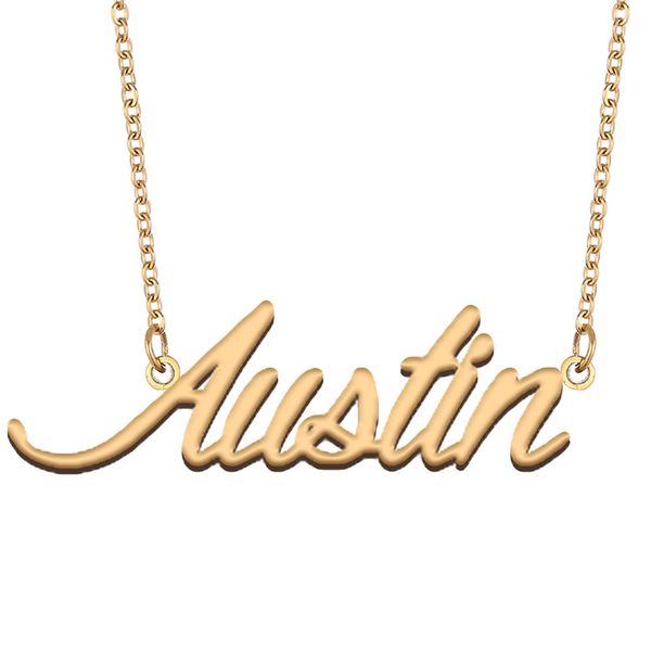 Collar con nombre de Austin, colgante con placa de identificación personalizada de acero inoxidable para mujeres, niñas, regalo de cumpleaños, joyería para mejores amigos, chapado en oro de 18 quilates