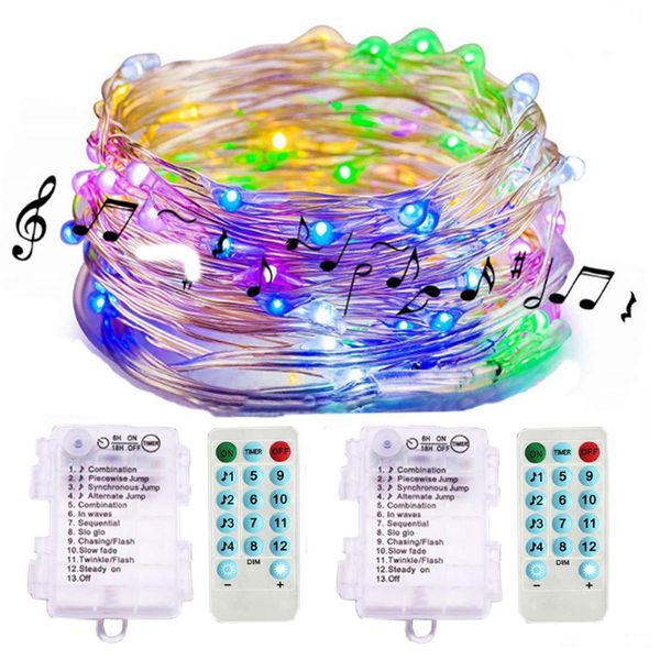 Luci fiabesche musicali attivate dal suono a batteria 16.4Ft 50 LED luci a stringa di filo impermeabile con timer remoto per matrimoni in camera da letto