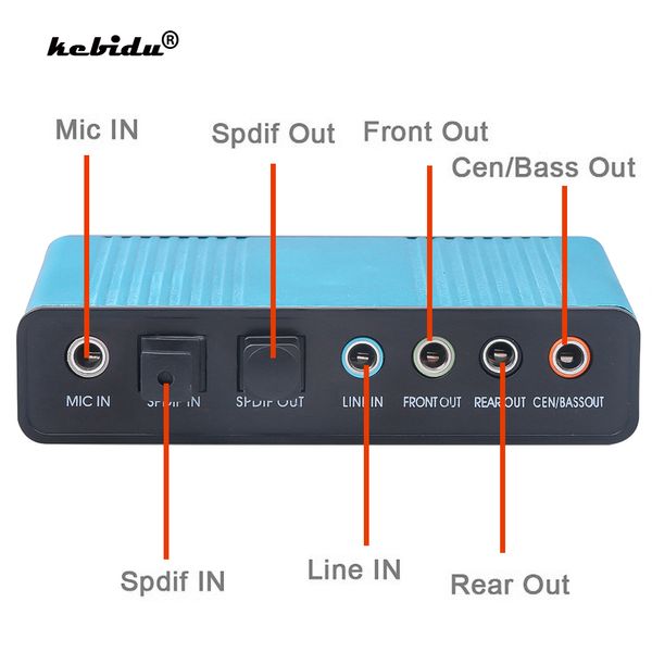 Tarjetas de sonido Kebidu Tarjeta de sonido USB profesional 6 canales 5.1 Convertidor de tarjeta de audio externo óptico CM6206 Chipset para tableta de escritorio 230925