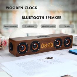 Barre de son Haut-parleur Bluetooth sans fil en bois Réveil portable Stéréo PC Système TV Haut-parleur Poste sonore de bureau Radio FM Haut-parleur d'ordinateur