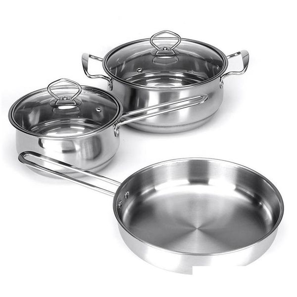 Ollas de sopa 3 unids/set espesar olla de sopa de cocina de acero inoxidable sartén antiadherente cacerola con tapa de vidrio para cocina de inducción G Otnyv