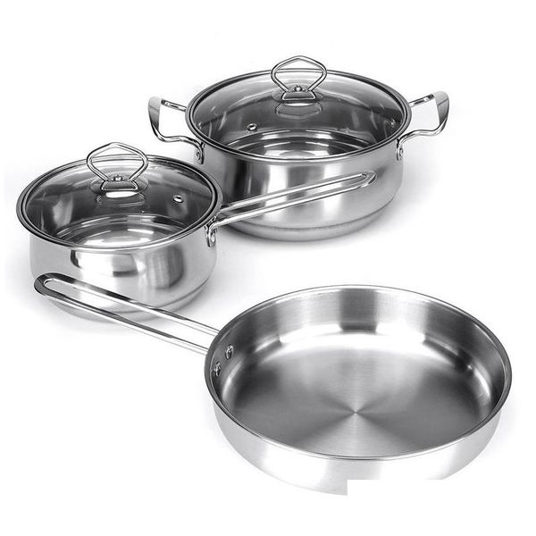 Ollas de sopa 3 unids/set espesar olla de cocina de acero inoxidable sartén antiadherente cacerola con tapa de vidrio para cocina de inducción estufa de gas dhdqj