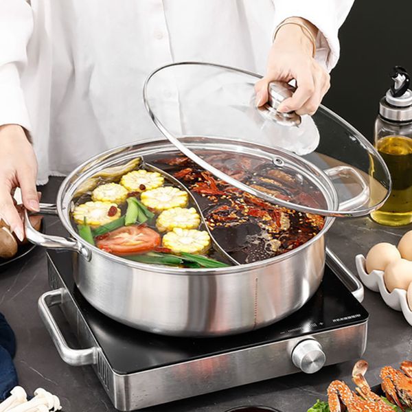 Olla para sopa con tapa, acero inoxidable 304, espesa para cocinar, cocina de inducción, cubierta de vidrio, utensilios de cocina chinos para Fondue 230731