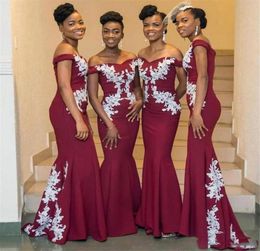 Vestidos de dama de honor elegantes de color burdeos sudafricanos Apliques de encaje con hombros descubiertos Vestido de dama de honor de sirena Vestido largo de fiesta Incluso Wear9141530