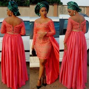 Robes de soirée asymétriques en dentelle nigériane sud-africaine sur l'épaule manches longues en dentelle cristal pour les femmes noires pas cher robe de bal haute basse