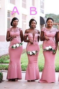 Niñas nigerianas sudafricanas Vestidos de damas de honor de sirena rosa Apliques de cuello transparente Hasta el suelo Vestidos de dama de honor Tallas grandes BM0614