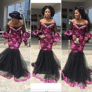 Zuid-Afrikaanse Off Shoulder Prom Dresses 2017 Fushia Lace Applicaties Sheer Lange Mouw Tume Mermaid Avondjurken Formele Partij Vestidos