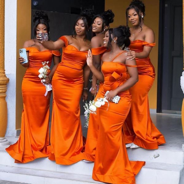 Vestidos de dama de honor de color naranja sudafricano, sirena, satén elástico, tren de barrido, vestidos de dama de honor, vestidos de novia para Nigeria, mujeres negras, niñas, matrimonio BR117