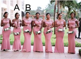 Zuid-Afrikaanse roze zeemeermin bruidsmeisjes jurken plus size sheer nek kant applicaties vloer lengte bruiloft gasten jurk