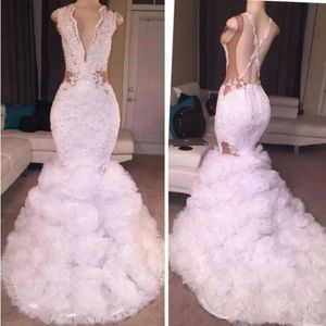 Zuid -Afrikaanse prom -jurken lange kanten appliques die diep v nek criss kruisbanden mermaid avondjurken vintage formele kleding