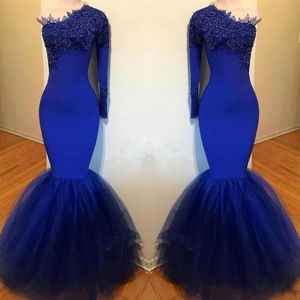 Robes de bal bleu royal sud-africain Vintage à manches longues une épaule sirène sirène occasion robes de soirée conçus usure formelle 201e
