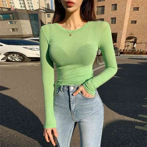 Corée du Sud est porte printemps et automne tenue couleur unie mince à manches longues T-shirt femme base 210416