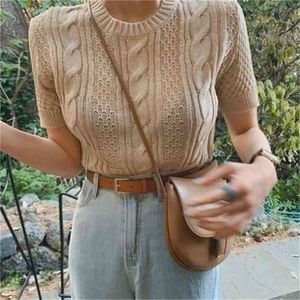 Zuid-Korea Zomer Twist Haak Bloem Holle Ronde Hals Middenmouw Eenvoudige Mode Bottoming Sweater Shirt Dames 210520