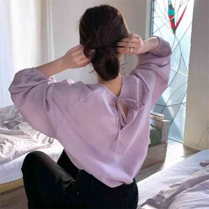 Zuid-Koreaanse chique zomer zachte violet ronde kraag back riem ontwerp losse casual lange mouwen zonnebrandcrème shirt meisje 210529