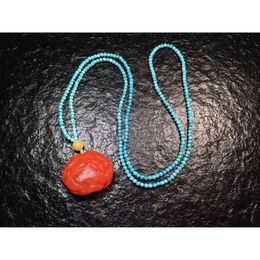 South Red Agate Exquisite Canved Peony Flower Pendant gemaakt van Sichuan Materiaal Matte Turquoise Round kralen Diy ketting Antieke accessoires