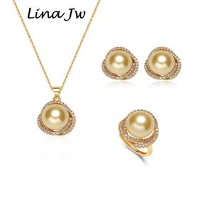 South Sea Shell Pearl Gold Jewelry for Women Sets ketting oorbellen ring met zirkoonfeestje Verjaardagsgeschenk 2207025904001