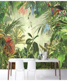 Zuidoost-Aziatische stijl behang tropisch regenwoud bananenbladeren groen bos restaurant woonkamer achtergrond grote fresco's Hom2915883