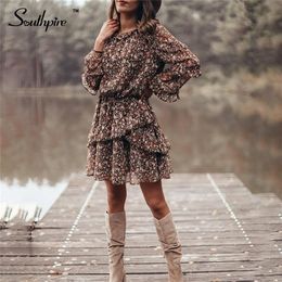 Southpire Zwarte Bloemenprint A-lijn Ruche Vintage Jurk Lange Mouw Sexy Mini Casual Party Dagelijks Dames Kleding 220321