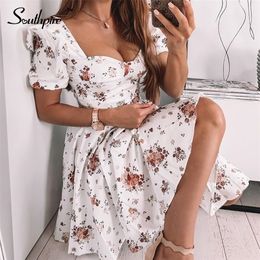 Southpire Bohe Bloemprint Witte jurk Women S Korte Puff Sleeve Zipper Mini Sundress Elegante zomerjurk Dames Kleding 220615