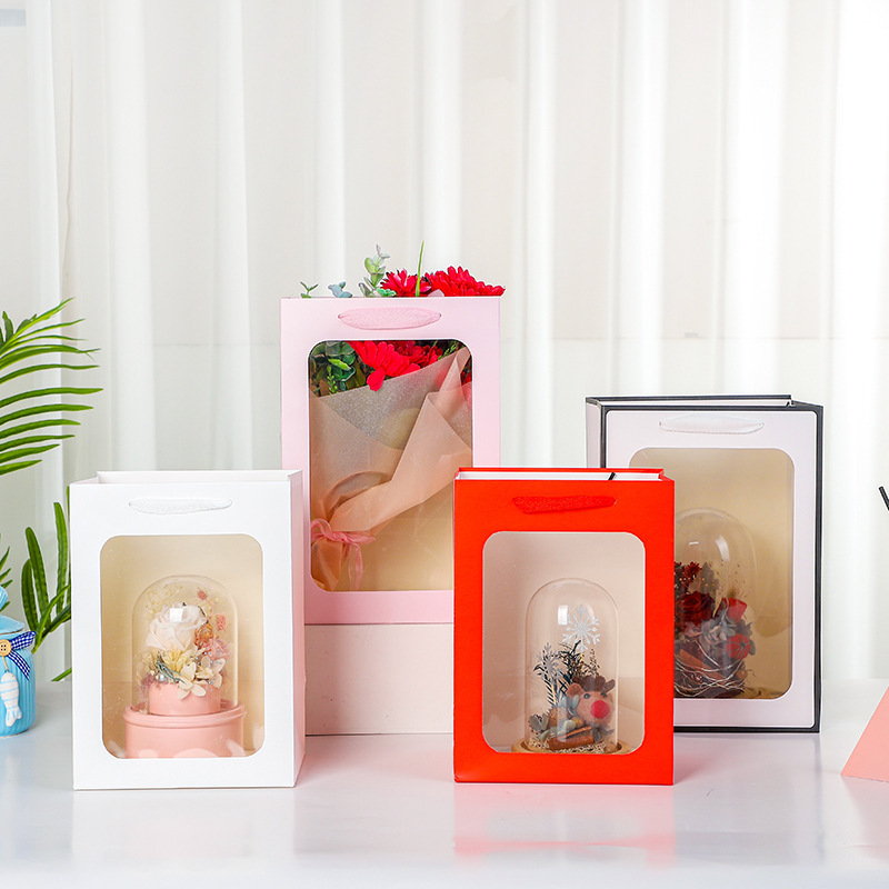 Souvenir-Tasche mit Fenster, transparente Handtasche, Schaufenster, Blumenkästen, Geschenkpapier, Rosenstrauß-Verpackungsbeutel wma1044