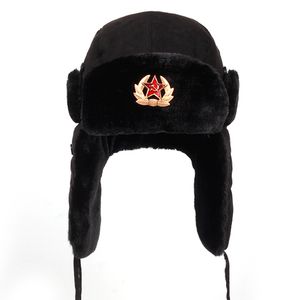 Sovjetleger Militaire Badge Rusland Ushanka Bomber Hats Pilot Trapper Aviator Cap Winter Faux Konijnenbont Earflap Snow Caps Hat