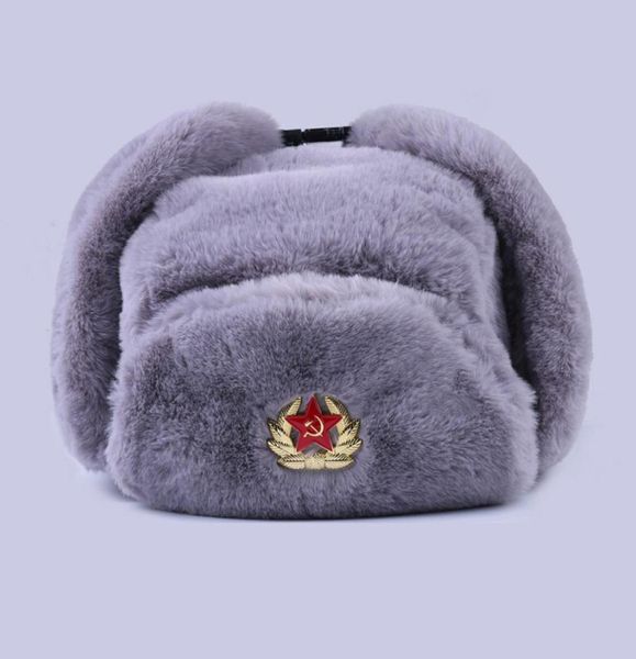 Insignia soviética Ushanka, hombres rusos, mujeres, sombreros de invierno, piel de conejo sintética, ejército, bombardero militar, sombrero, trampero cosaco, orejeras, gorra de esquí para nieve 29404633