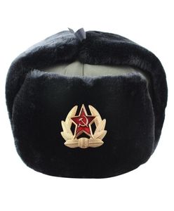 Badge militaire soviétique Russie Ushanka Chapeaux Bomber Pilote Trapper Hat Trooper Hiver Faux Rabbit Fur Flap Men Snow Caps de neige 220817GX9005207