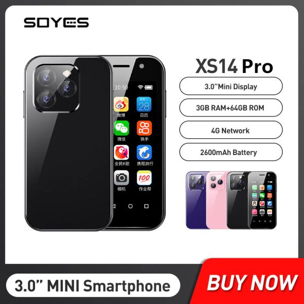 Soja xs14 pro mini smartphones 4g LTE 3 Go + 64 Go Android 9,0 Quad Core 3,0 pouces 2600mAh Face Battery Face Type-C Small Mobile Phone