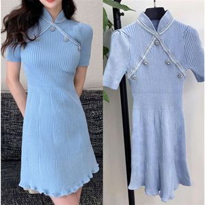 SP Spring Chinese Cheongsam Mini -jurken vrouwen Korte mouw modeontwerper Rhinestone Blue Classical Fashion Slim Slim Breaked Dress FZ2404174