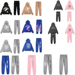 Sp45der 555 555 Star Print Cotton Casual Sweats à capuche Survêtements Hommes Femmes Rose Sweat à capuche Set Young Thug Green Sports Sweatshirt Spider Cuffed Pant Arach Phobia Noir Bleu