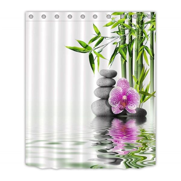 Spa Zen Buddha Water Yoga Cortina de ducha Flor de bambú verde Tela de poliéster Masaje impermeable Piedra Orquídea Cortinas de baño 210915