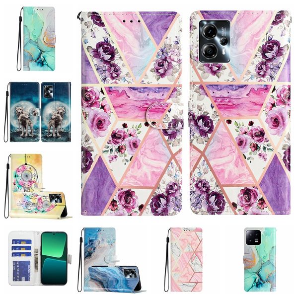 Estuches de cuero con billetera de mármol para Xiaomi 13 Pro Lite Moto E13 G13 G23 G53 G73 Google Pixel 7 Pro 7A 6 6A Animal Geometry Cat Wolf Flower Rock Funda con tapa Tarjeta de identificación de crédito