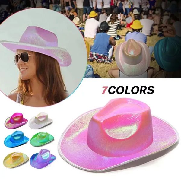 Sombrero de vaquero espacial, gorras brillantes de neón con purpurina brillante, sombreros fluorescentes holográficos Rave, accesorios para fiesta de disfraces de Halloween I0713