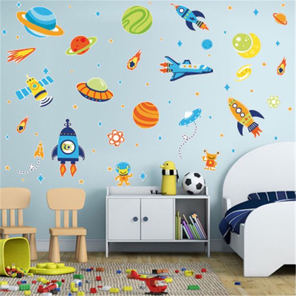 Pegatinas de pared de cohete de planeta espacial, calcomanías de dormitorio para bebés y niños, Mural de dibujos animados, pegatinas de pared decorativas para habitaciones de niños