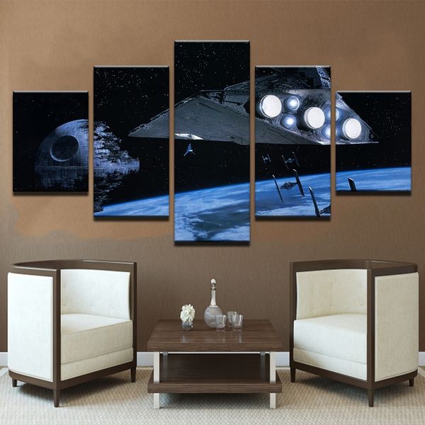 Paysage de vaisseau spatial, 5 panneaux, toile imprimée, peinture murale, décor mural pour salon, sans cadre