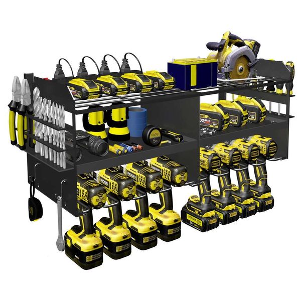 Station de charge Spaclear, supports à 3 couches, supports de perceuses en métal robuste, organisateur d'outils de garage et rangement avec multiprise à 8 prises