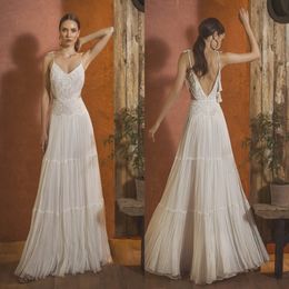 Spaghetti Beach Wedding Jurken 2023 Backless Lace Flowy Chiffon Rok Zomer Bohemain Garden Bruid Trouwjurk Sukne Slubne 307P