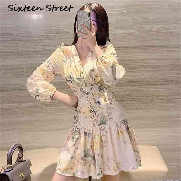 Spaghetti Corset Dress Femme V-cou simple boutonnage automne vestido casualcasual floral imprimé taille mince robe femme 210603