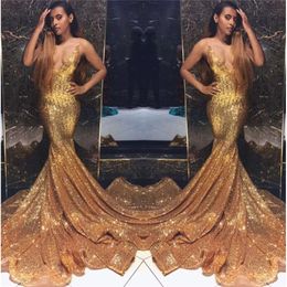 Spaghetti Sequins Stracles Gold 2019 Sirène longue robes de bal Black Girls Backless Sweep Train Forme Forme Party Sorfe Robes BC1492