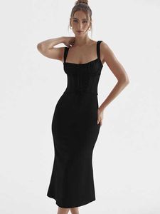 Jurk met spaghettibandjes voor dames 2023 Fashion Vintage vierkante kraag Lace-up midi-jurk Elegante slanke rugloze jurk
