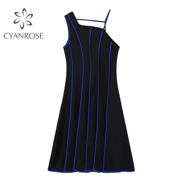 Spaghetti Strap Une Épaule Femmes Robe E-Girl Esthétique Rayé Spliced Robes Noires À La Mode Streetwear Vestidos Mujer 210515