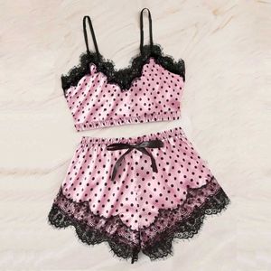 Spaghetti Strap Pijama Mujer Pyjama Ensemble Sans Manches Garniture Sommeil Shorts Dentelle Pijama Costume Dot Imprimer Vêtements De Nuit Femmes Sexy Nuisettes Q0706