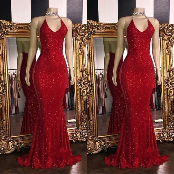 2019 rouge paillettes scintillantes sirène longues robes de bal licou perlé dos nu balayage train formelle fête robes de soirée