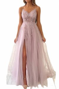 Spaghetti Strap Sparkly Lovertjes Staaflijst Avondjurken Voor Vrouwen 2023 Roze Zachte Tule Party Gown Hoge Split Een Lijn Sleevel A92i #