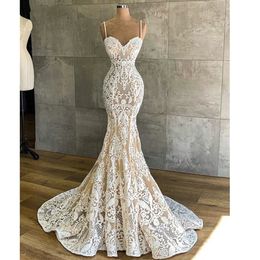 Vestidos de Novia de sirena árabe con tirantes finos, Apliques de encaje de ilusión, Vestidos de Novia formales, Vestidos de Novia hechos a medida