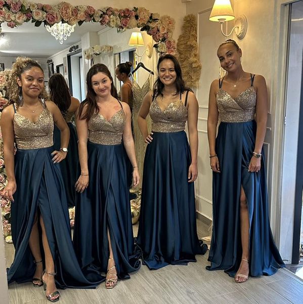 Correas espaguetis Oro Azul Vestidos de dama de honor con estilo Gasa Lado dividido Estilo simple Tallas grandes Vestidos de noche Vestido de invitados de boda b142
