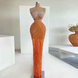 Spaghetti riemen oranje zeemeermin avondjurken kristal lange prom jurk schede vloer lengte staart feestjurk